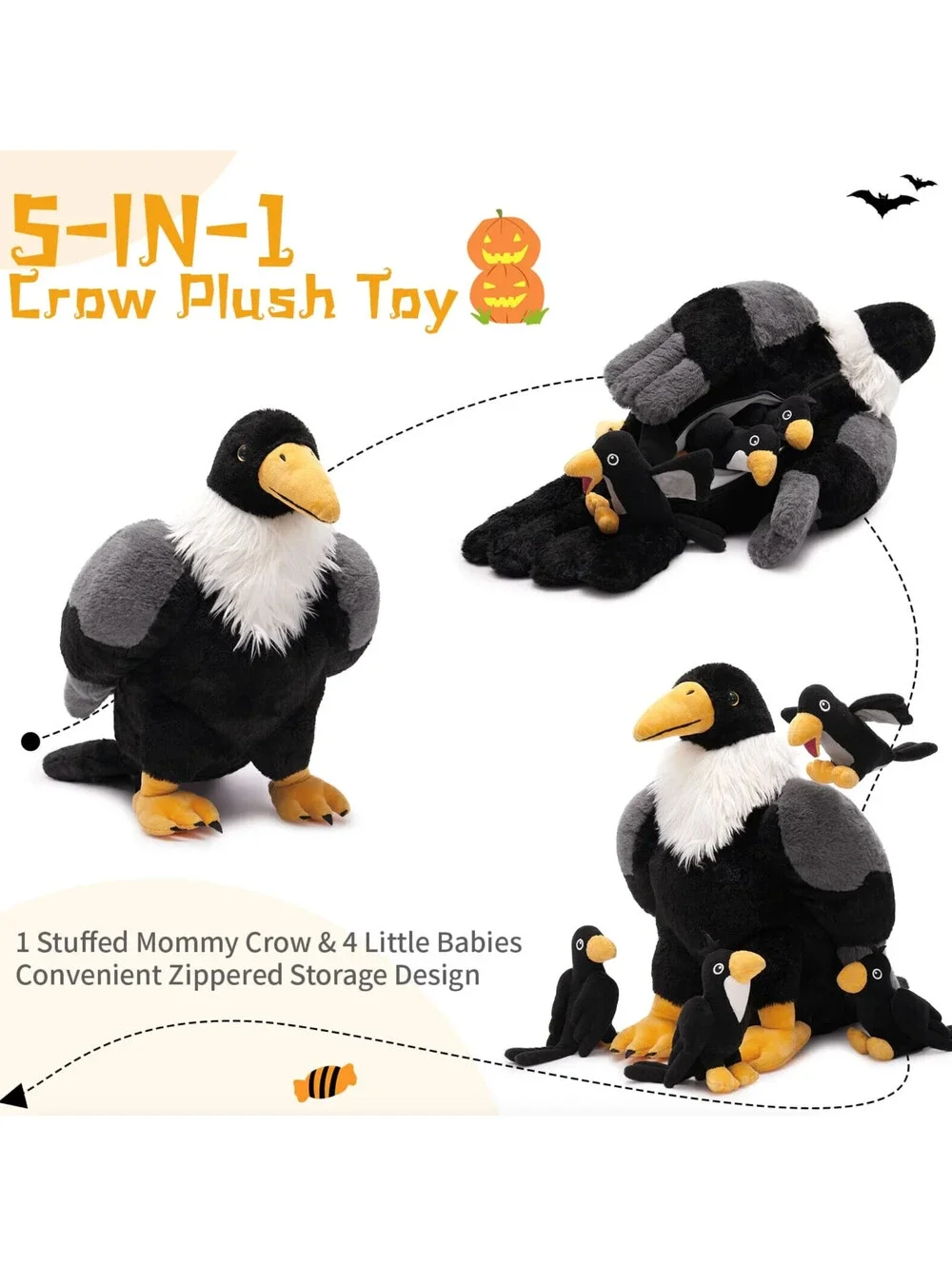 MorisMos Crow Raven Stuffed Animals, 26'' Mommy Raven Plush with 4 Baby Crow NEW